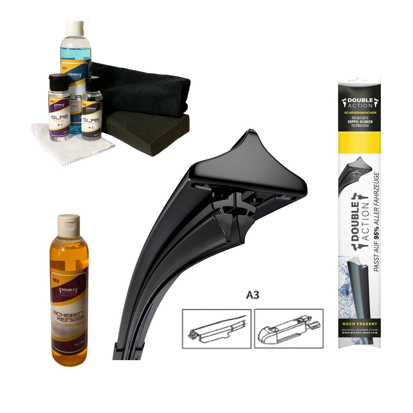 Frontscheiben-Bundle für NISSAN Juke | ab 2017 | Doppelscheibenwischer + Versiegelungs-Set + Wischwasserzusatz